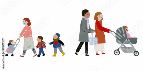 A family of six walking together including a baby in a stroller