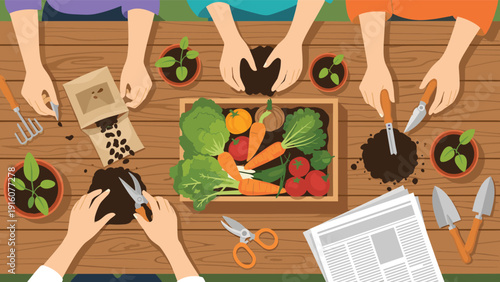 Hands of various people planting seeds and gardening with fresh vegetables on a wooden table for urban farming and community garden concept.