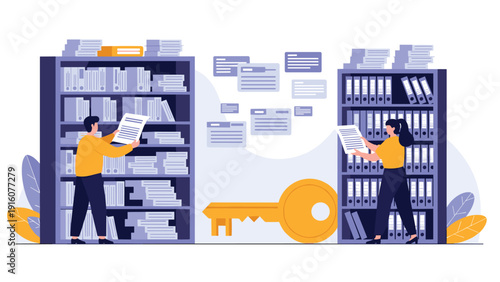 Man and woman organizing document folders in an office archive with a giant golden key symbolizing information security and data access.