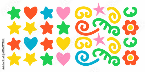 Colorful assortment of stars hearts swirls and floral shapes on white