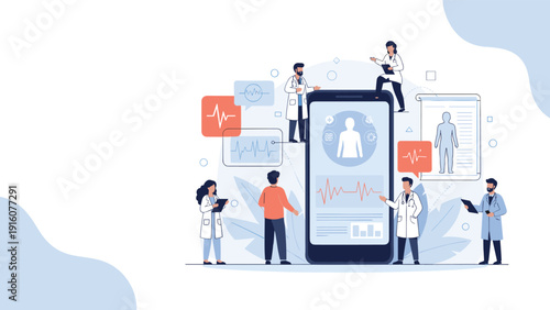 Medical team providing online healthcare services through a large smartphone display featuring human body diagrams and heart rate monitors.