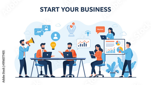 Diverse business team collaborating and brainstorming in a modern office environment for a start your business project with data charts.