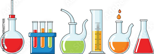 Laboratory Glassware Set with Test Tubes Beakers Flasks and Measuring Cylinder Science Experiment Vector Illustration