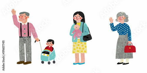 A colorful illustration depicts a multigenerational family waving and smiling