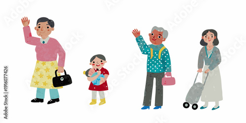 A cheerful family of four waves goodbye illustrated in a simple style