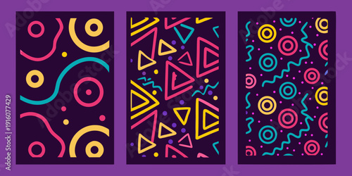 Abstract geometric patterns in vibrant colors on a dark purple background