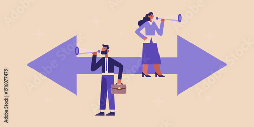Business people using megaphones facing opposite directions with arrows