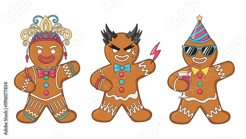 Three gingerbread men cookies dressed in different costumes as a queen devil and party guest for fun holiday celebration.