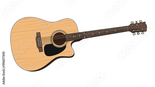 Natural wood acoustic guitar with six strings and classic body shape isolated on white background for music and entertainment concept.