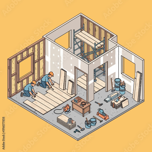 Construction workers renovating a house with exposed walls and floors.