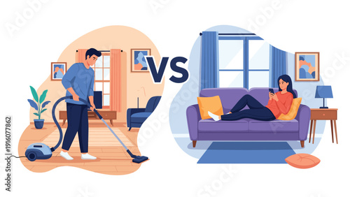 Comparison of a man cleaning the house with a vacuum cleaner versus a woman relaxing on a sofa with her smartphone at home.