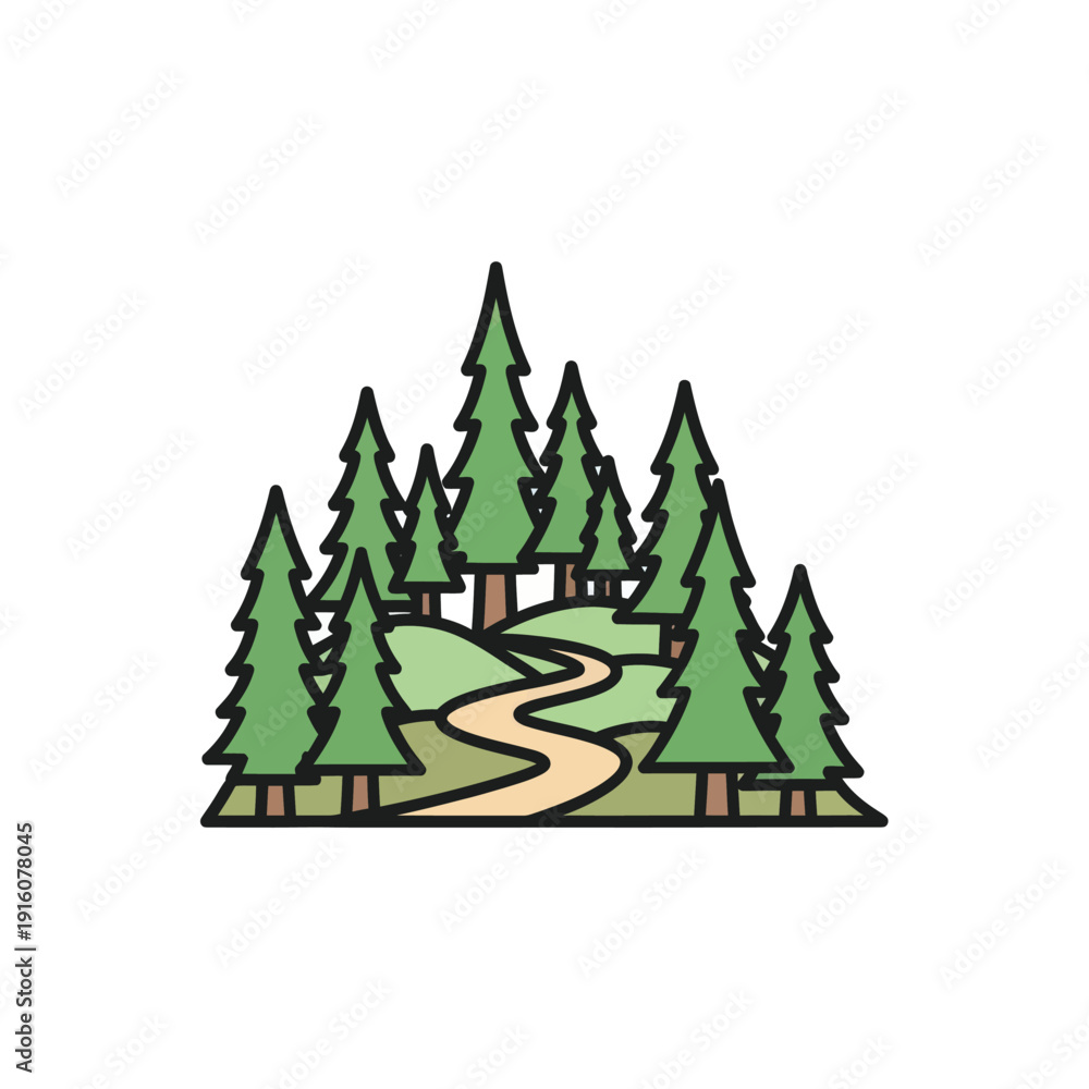 Obraz premium Cartoon forest with winding path and green pine trees