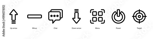 Navigation Tools web banner vector illustration featuring Up Arrow, Minus, Chat, Down Arrow, Menu, Power, and Target for digital communication and control.