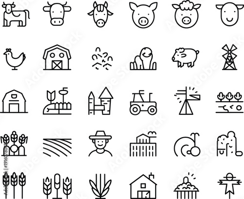 Farm agriculture line icon set, livestock animals barn tractor crops rural farming vector outline collection for agricultural industry design