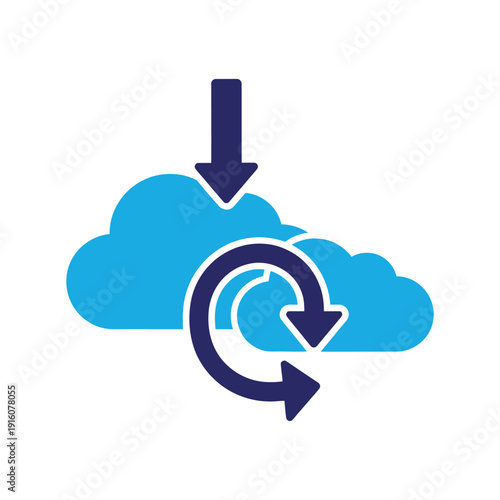 Cloud data synchronization process icon showing download and refresh arrows for real time information updates on networks