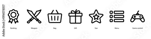 Game and Rewards web banner vector illustration featuring Ranking, Weapon, Bag, Gift, Star, Menu, and Game Control for online gaming and achievements.