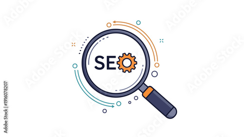 Conceptual illustration of a magnifying glass over "SEO" text with a gear, symbolizing search engine optimization and digital marketing strategy.