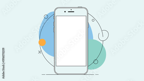Sleek outline illustration of a modern smartphone, complemented by abstract colorful shapes, symbolizing digital connectivity and mobile technology.