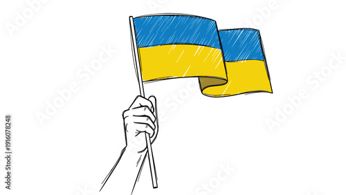 Hand holding a proudly waving Ukrainian flag, rendered in a distinctive sketchy line art style, symbolizing national pride.