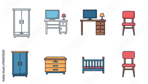 Diverse collection of furniture icons, including wardrobes, desks, chairs, and baby cribs, in outline and vibrant colored designs.