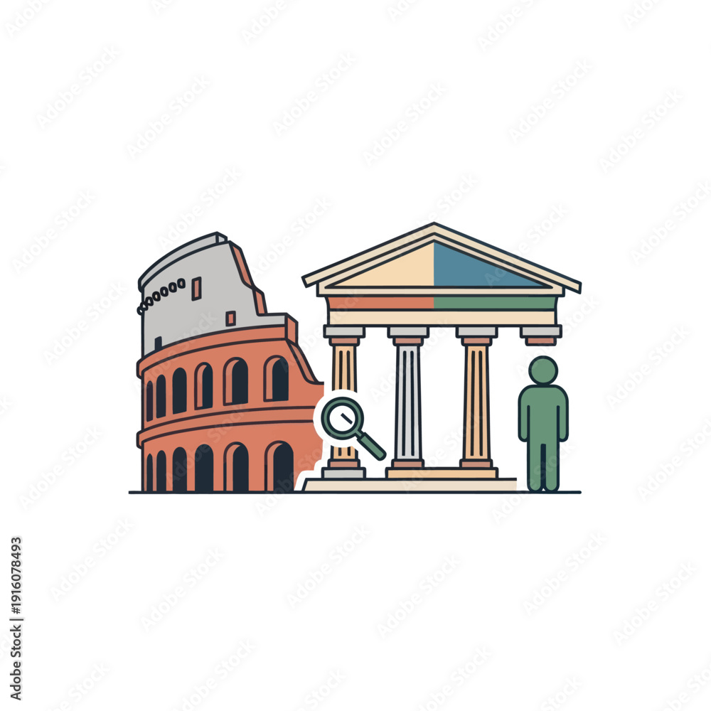 Fototapeta premium Colosseum, classical building, person, magnifying glass flat illustration