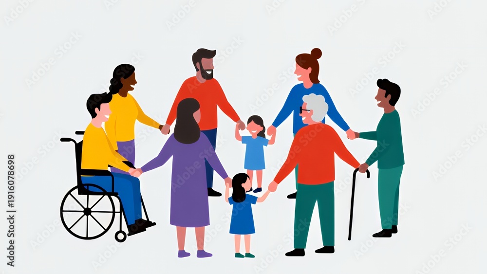 Fototapeta premium Inclusive Community Circle: Diverse Generations Holding Hands in Unity