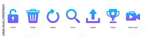 Digital Actions web banner vector illustration featuring Unlock, Delete, Reload, Search, Upload, Trophy, and Video Record for daily online functions.