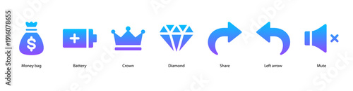 Digital Features web banner vector illustration featuring Money Bag, Battery, Crown, Diamond, Share, Left Arrow, and Mute for finance, power, and communication.