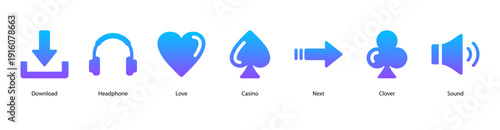 Online Interaction web banner vector illustration featuring Download, Headphone, Love, Casino, Next, Clover, and Sound for modern lifestyle and entertainment.