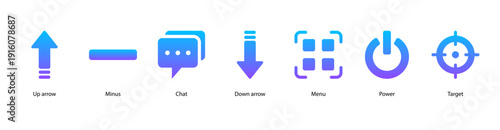 Navigation Tools web banner vector illustration featuring Up Arrow, Minus, Chat, Down Arrow, Menu, Power, and Target for digital communication and control.