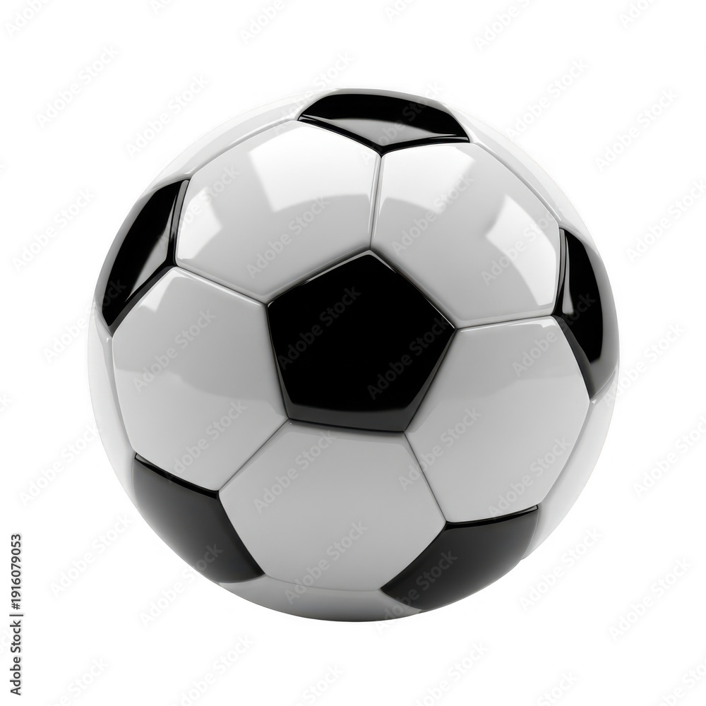 Naklejka premium A shiny black and white soccer ball isolated on transparent background with reflective surface