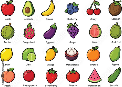 A comprehensive vector icon set featuring 24 popular fruits and vegetables in a vibrant, flat cartoon style. 