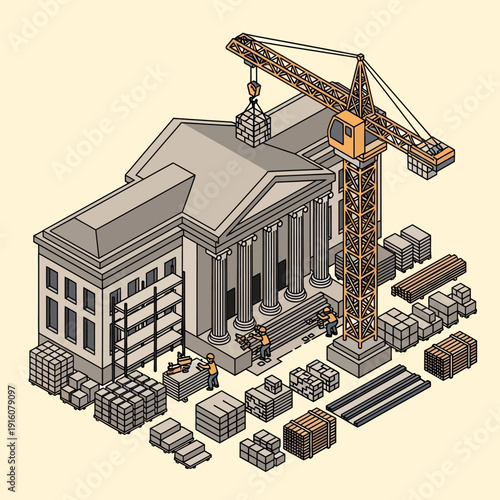 Isometric illustration of a building under construction with a crane.
