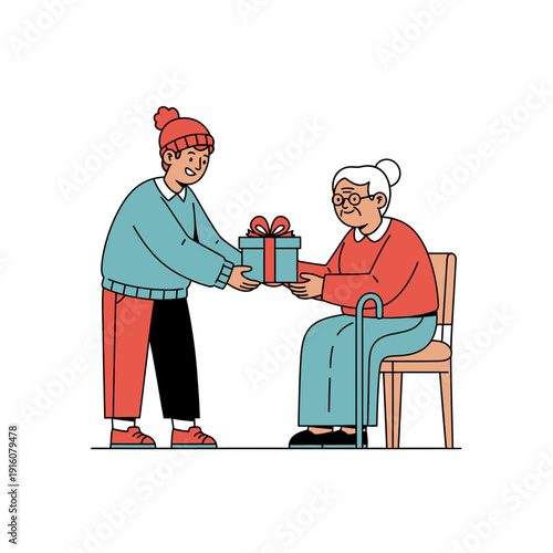 Young person giving a gift to an elderly woman sitting on a chair.