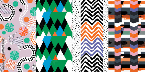 Colorful geometric patterns presented in a vibrant repeating abstract composition