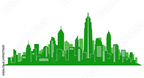 Green city skyline silhouette with tall skyscrapers on white background urban landscape