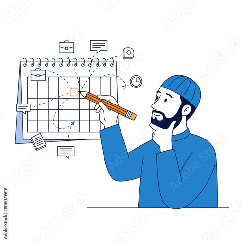 Man planning schedule on calendar with pencil.