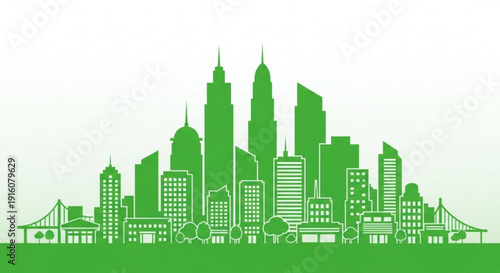Green city skyline with skyscrapers and bridge urban landscape illustration