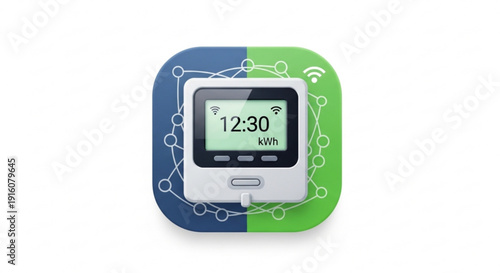 Smart home energy meter with digital display and wifi connectivity on a blue and green background