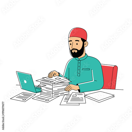 Man working on documents and laptop with a stack of papers.
