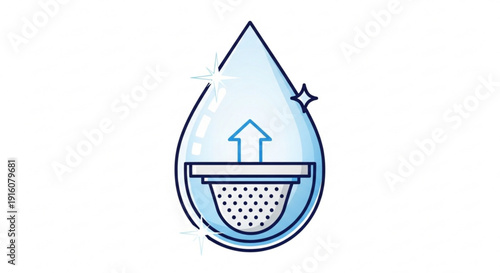 Water droplet icon with filter and upward arrow symbolizing purification and efficiency in water treatment systems