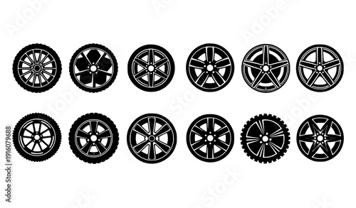 Title:
Flat car wheel and auto tire icon set with rim and disc designs isolated on white background vector illustration