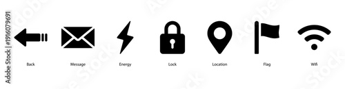 Digital Essentials web banner vector featuring Back, Message, Energy, Lock, Location, Flag, and Wifi for modern communication and connectivity.