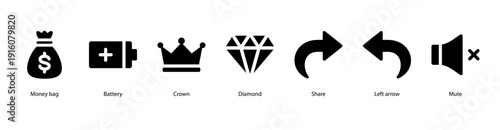 Digital Features web banner vector illustration featuring Money Bag, Battery, Crown, Diamond, Share, Left Arrow, and Mute for finance, power, and communication.