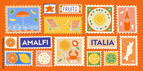 Colorful postcard collection featuring italian summer themes and citrus fruits