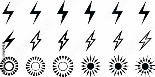 Black lightning bolts and radial burst symbols on a white background