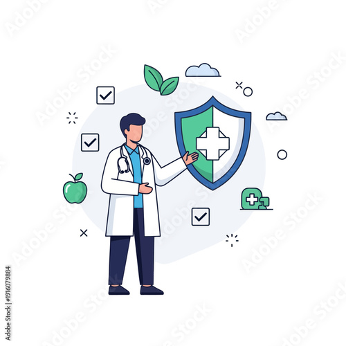Doctor explaining healthcare benefits with shield and wellness symbols