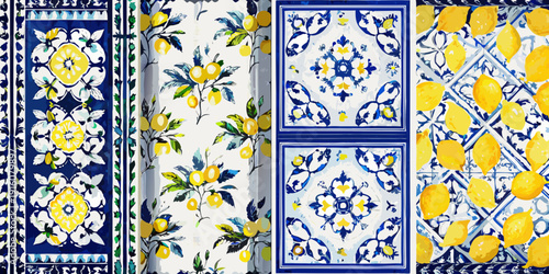 A vibrant display of blue and white lemon patterned ceramic tiles