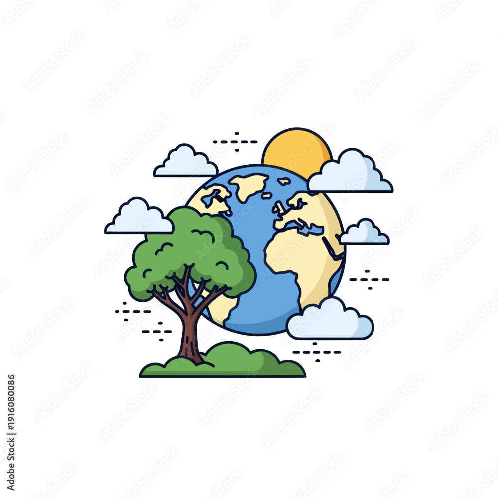Fototapeta premium Earth globe with green tree, sun, and clouds illustration