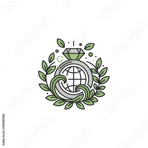 Earth globe ring with diamond and natural leaf wreath